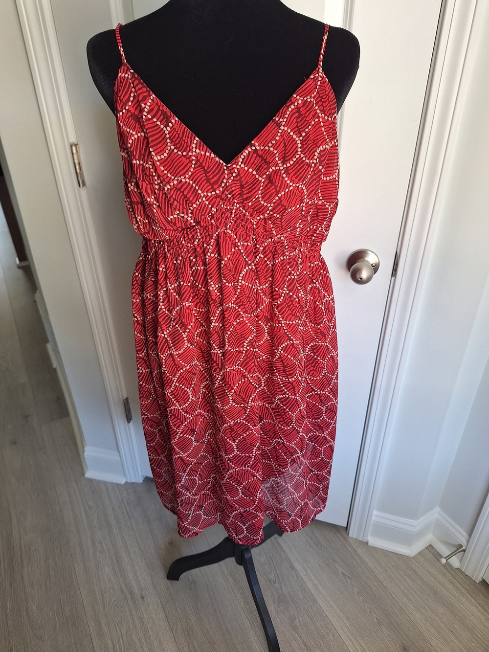 H&M Red Printed Spaghetti-Strap Midi Dress